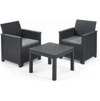 SET TAVOLO TAVOLINO E 2 POLTRONE KETER BALCONY SET EFFETTO RATTAN GRIGIO GRAFITE 